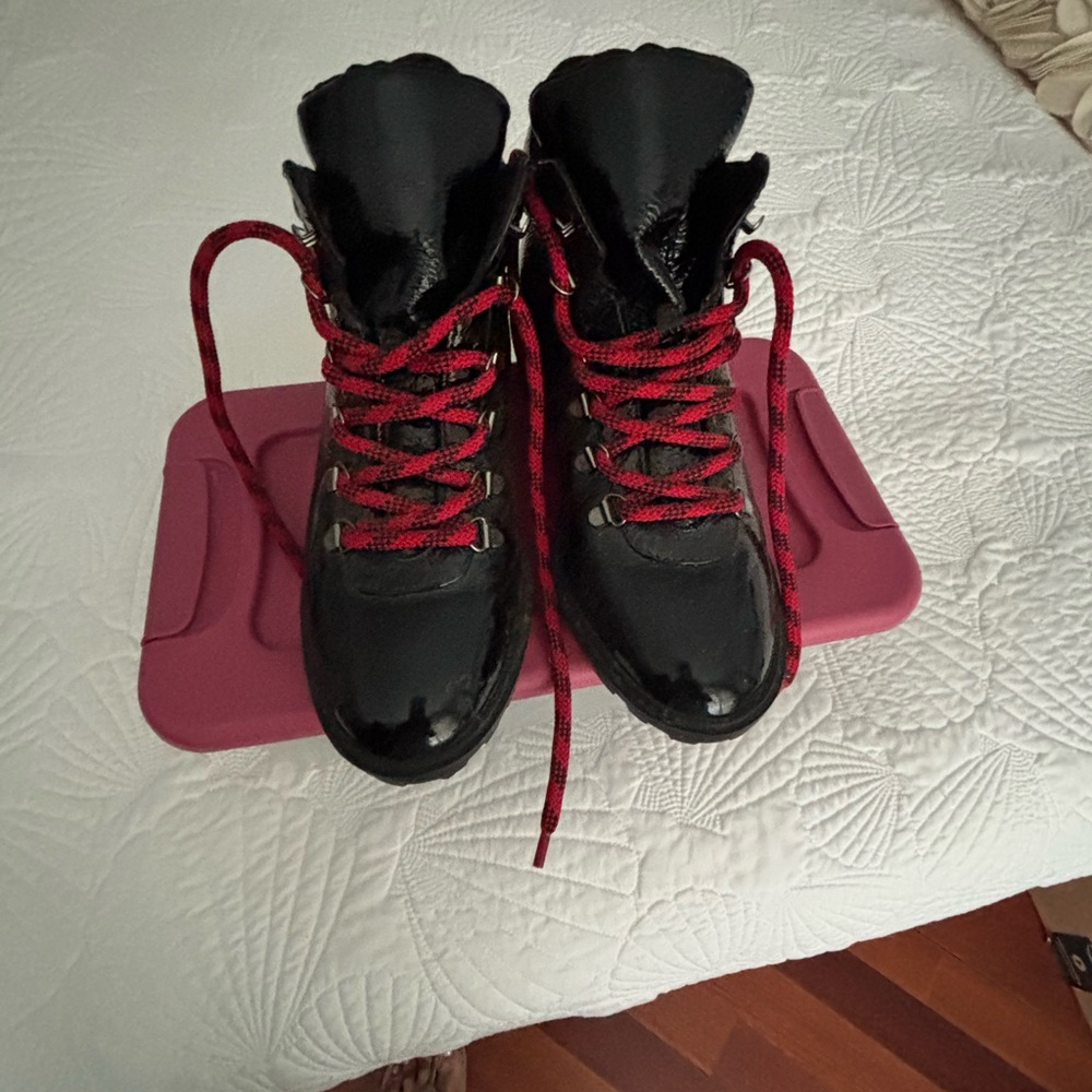 Schultz Glossy Black Boots with Red Laces